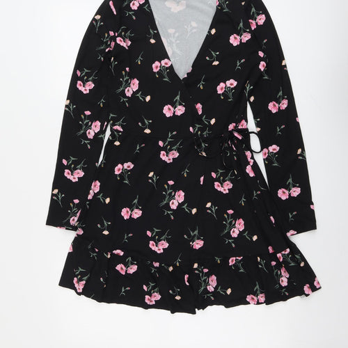 H&M Womens Black Floral Polyester A-Line Size S V-Neck Tie