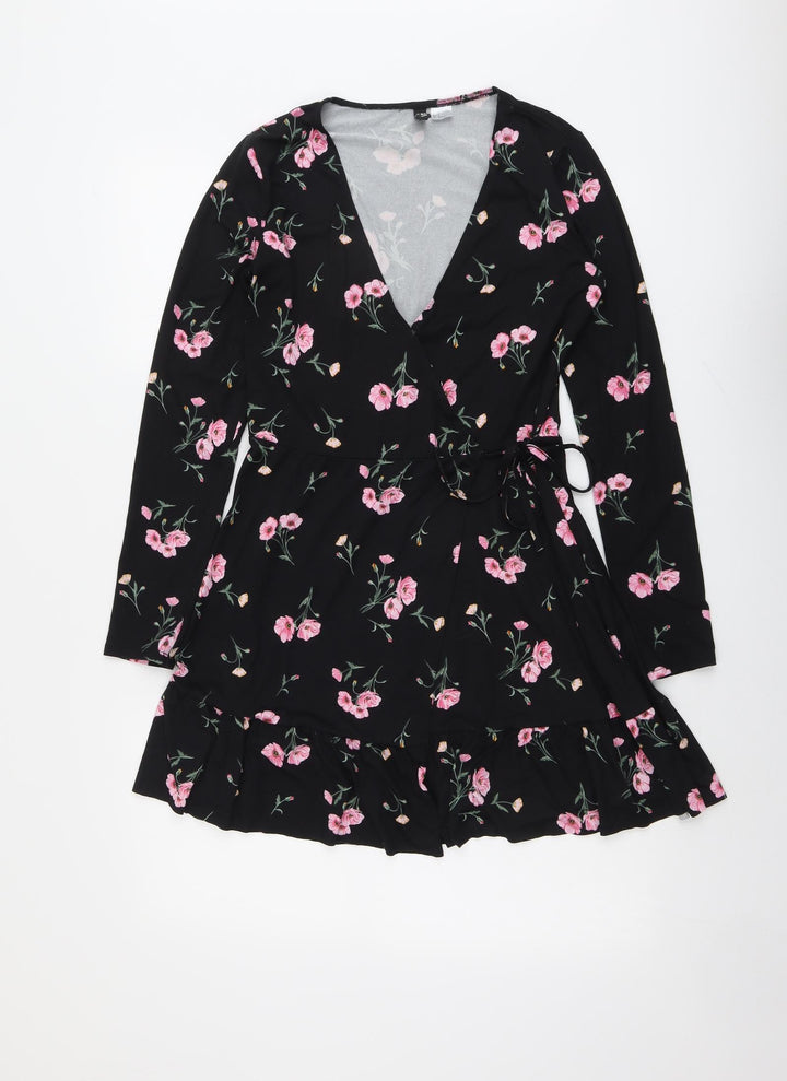 H&M Womens Black Floral Polyester A-Line Size S V-Neck Tie