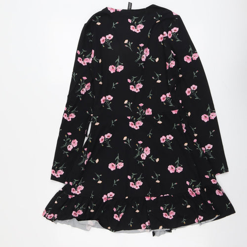 H&M Womens Black Floral Polyester A-Line Size S V-Neck Tie