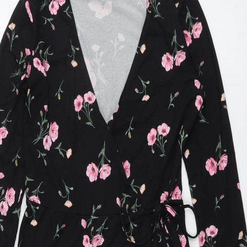 H&M Womens Black Floral Polyester A-Line Size S V-Neck Tie
