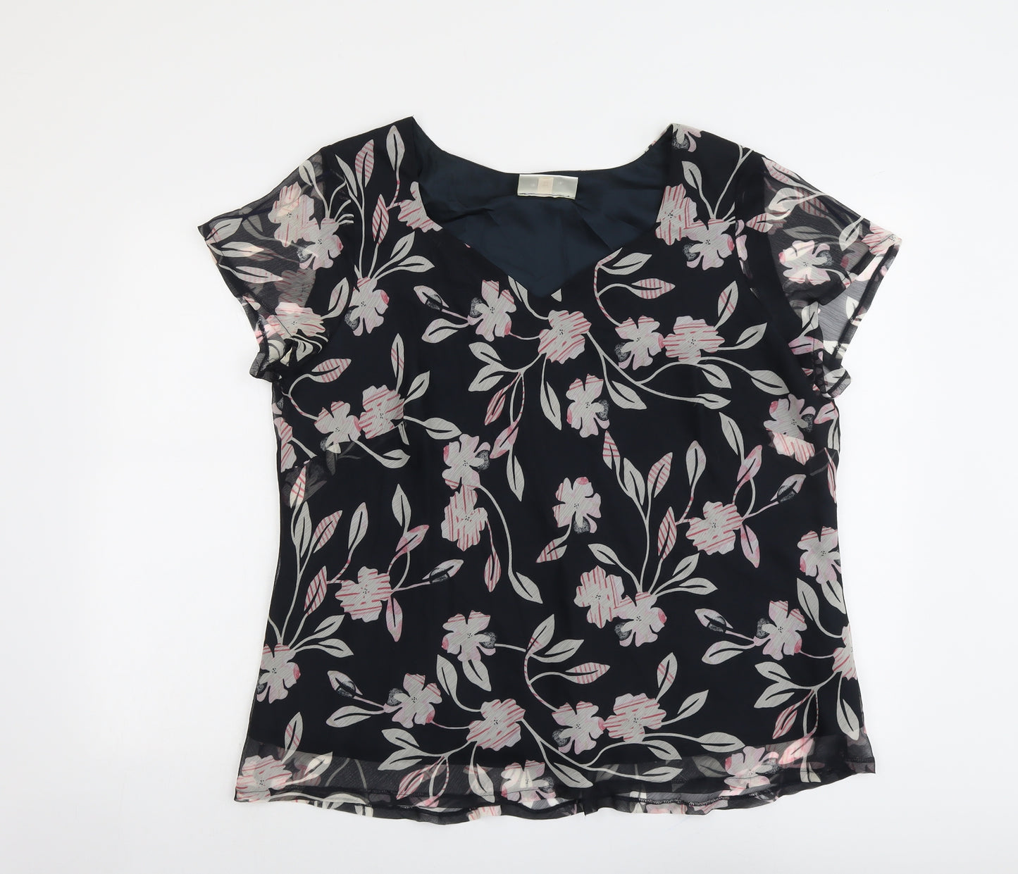 Ann Harvey Womens Black Floral Polyester Basic Blouse Size 22 V-Neck