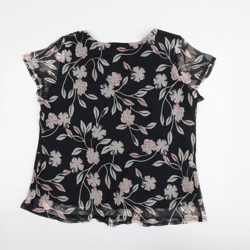 Ann Harvey Womens Black Floral Polyester Basic Blouse Size 22 V-Neck