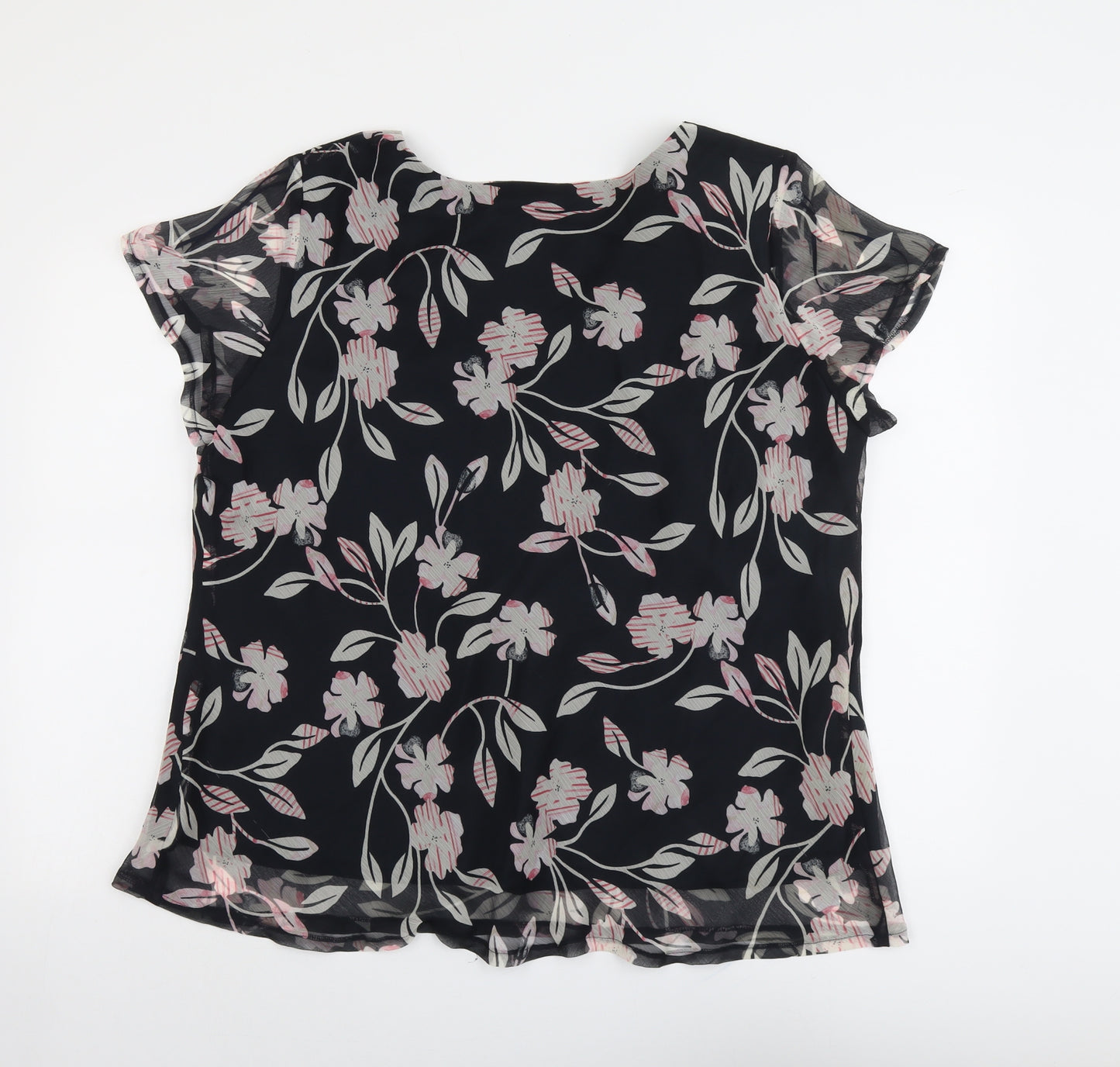 Ann Harvey Womens Black Floral Polyester Basic Blouse Size 22 V-Neck
