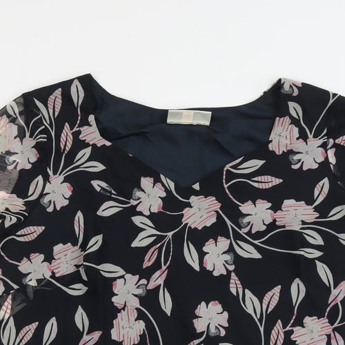 Ann Harvey Womens Black Floral Polyester Basic Blouse Size 22 V-Neck
