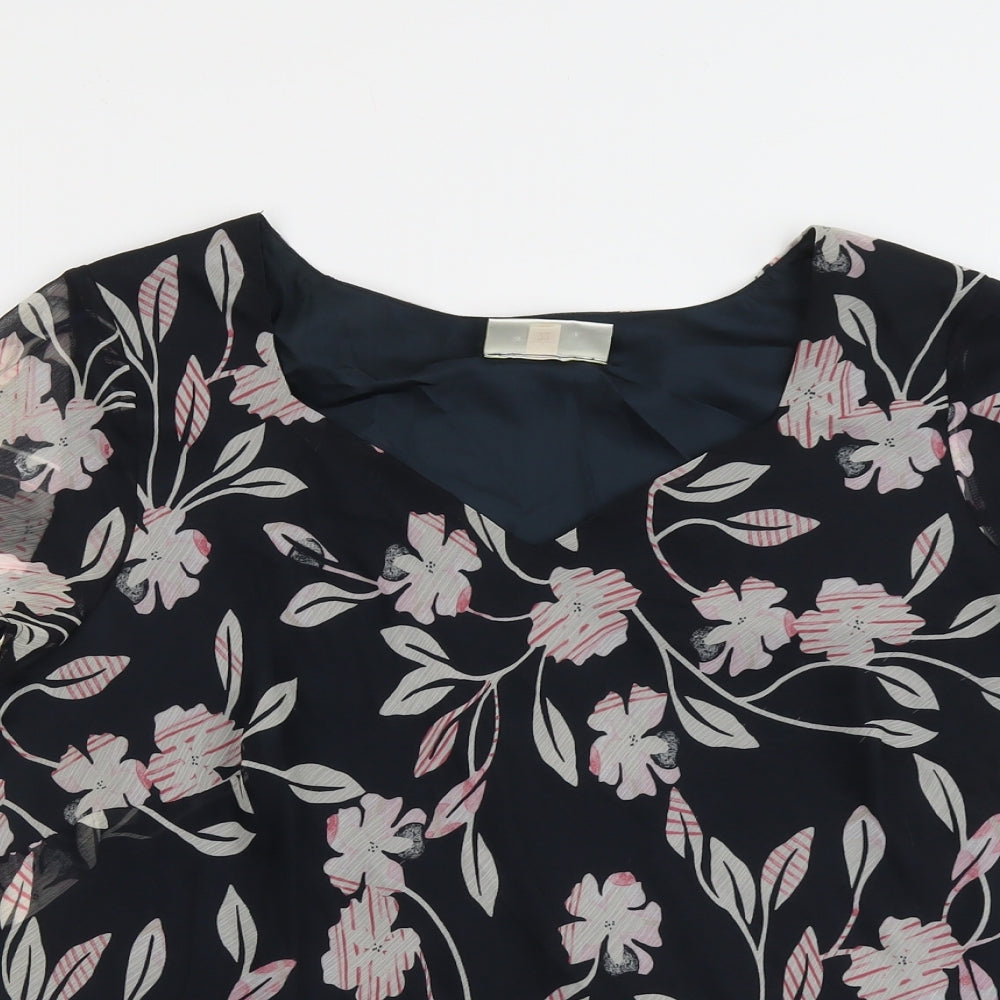 Ann Harvey Womens Black Floral Polyester Basic Blouse Size 22 V-Neck