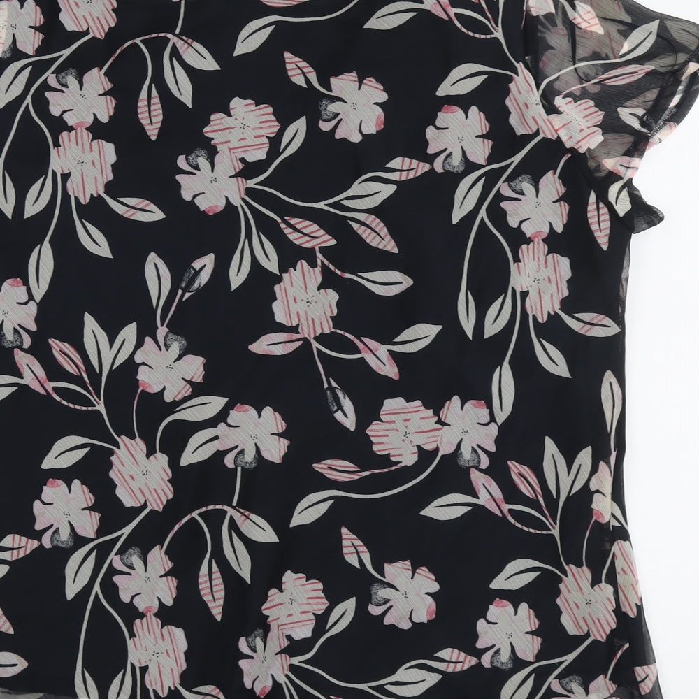 Ann Harvey Womens Black Floral Polyester Basic Blouse Size 22 V-Neck