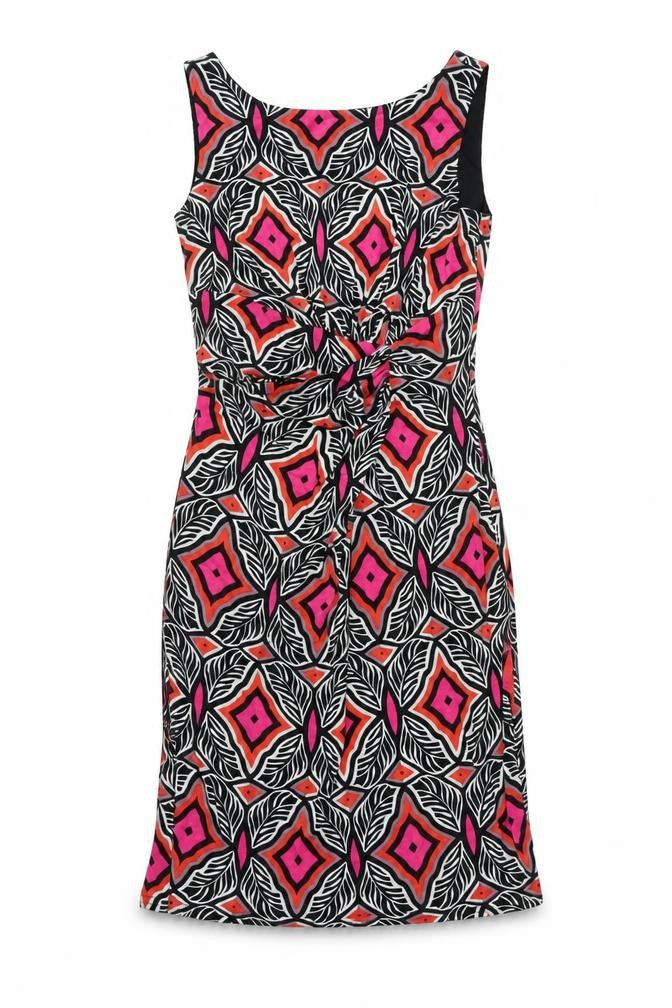 Front view of Lakeland women’s multicoloured geometric polyester a-line, size UK 10, round neck pullover