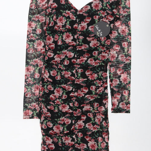 Jolie & Joy Womens Black Floral Polyester Bodycon Size S V-Neck Pullover