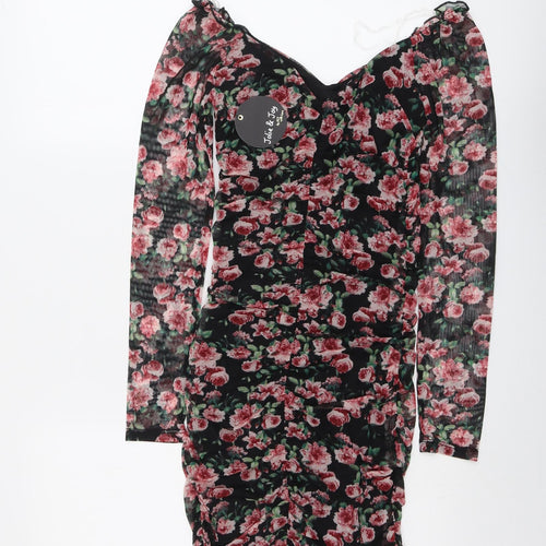 Jolie & Joy Womens Black Floral Polyester Bodycon Size S V-Neck Pullover