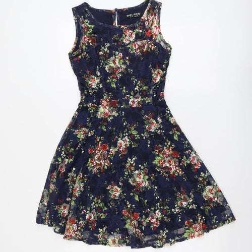 Select Womens Blue Floral Polyester Fit & Flare Size 8 Round Neck Button