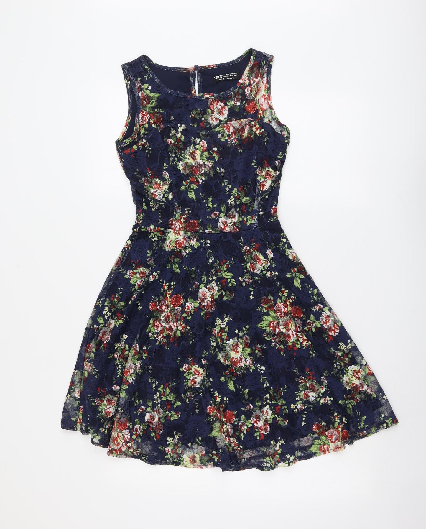 Select Womens Blue Floral Polyester Fit & Flare Size 8 Round Neck Button