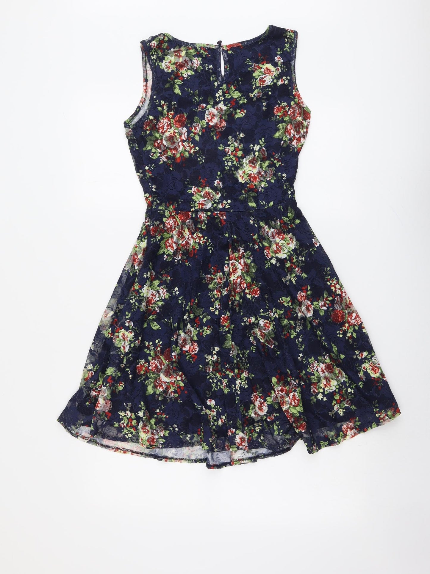 Select Womens Blue Floral Polyester Fit & Flare Size 8 Round Neck Button