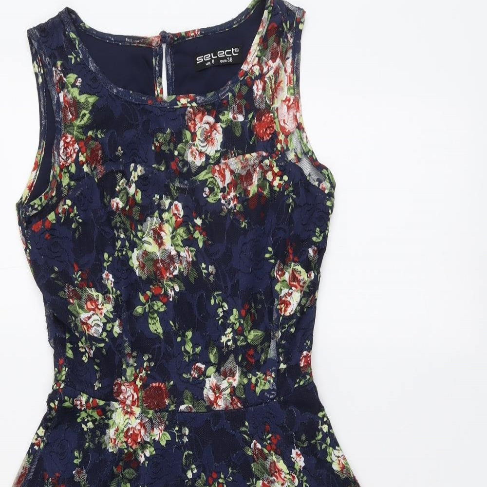 Select Womens Blue Floral Polyester Fit & Flare Size 8 Round Neck Button