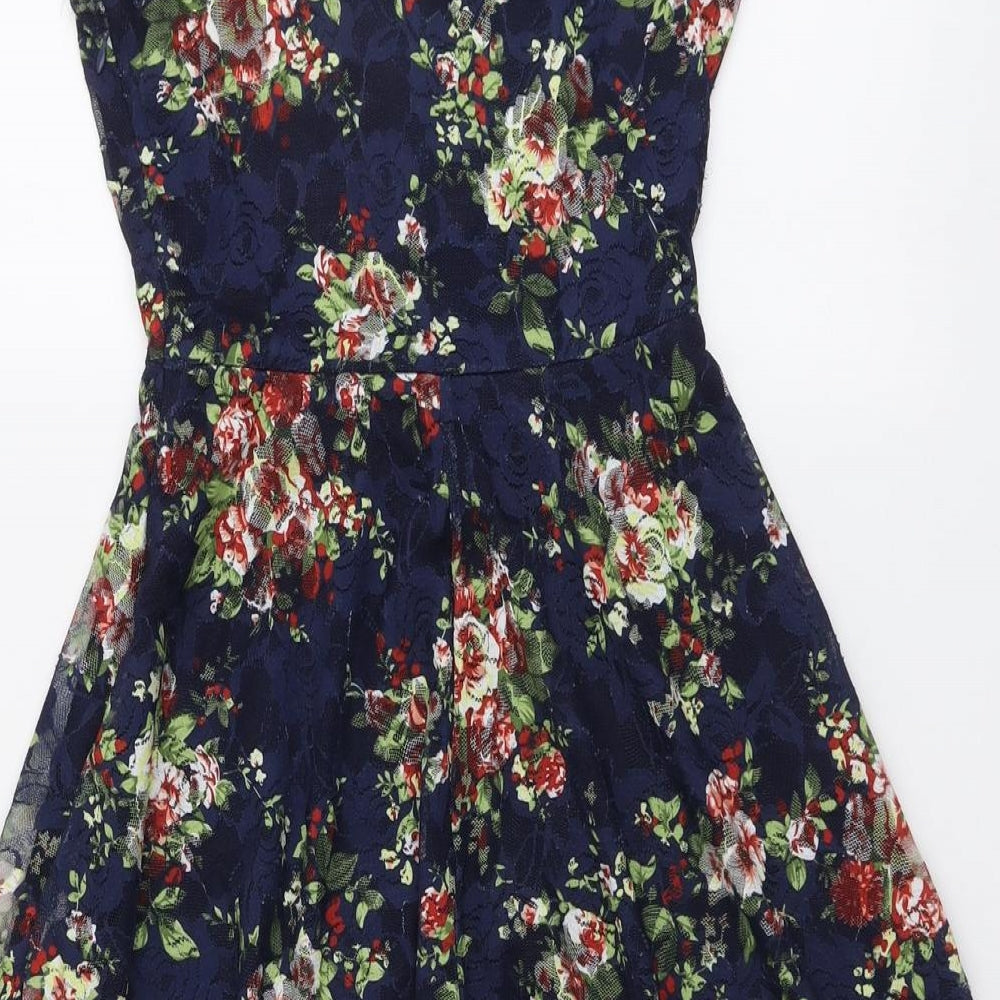 Select Womens Blue Floral Polyester Fit & Flare Size 8 Round Neck Button