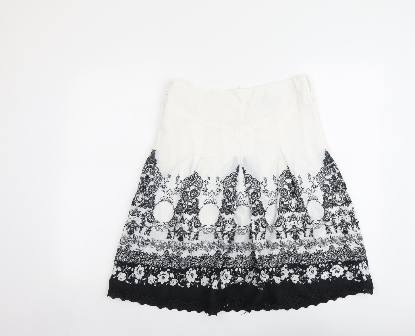 VILA Womens White Geometric Cotton A-Line Skirt Size S Zip