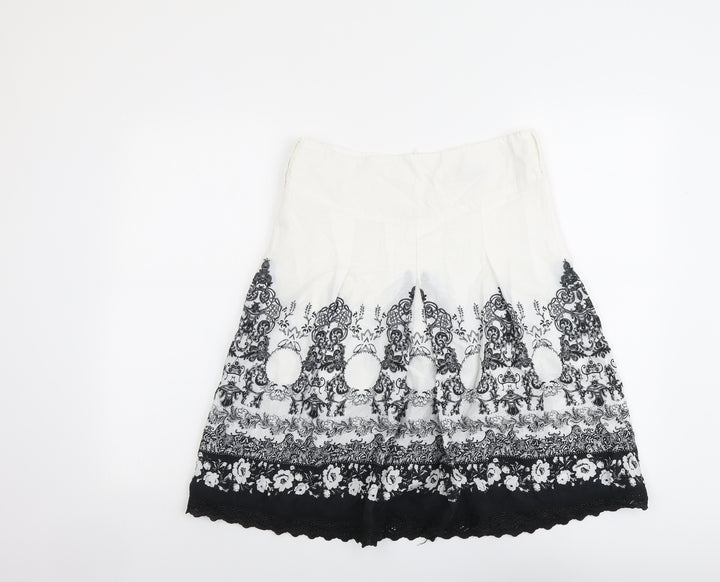 VILA Womens White Geometric Cotton A-Line Skirt Size S Zip