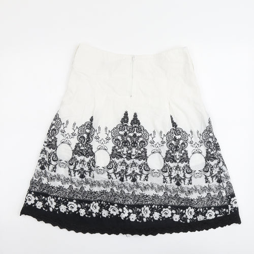 VILA Womens White Geometric Cotton A-Line Skirt Size S Zip