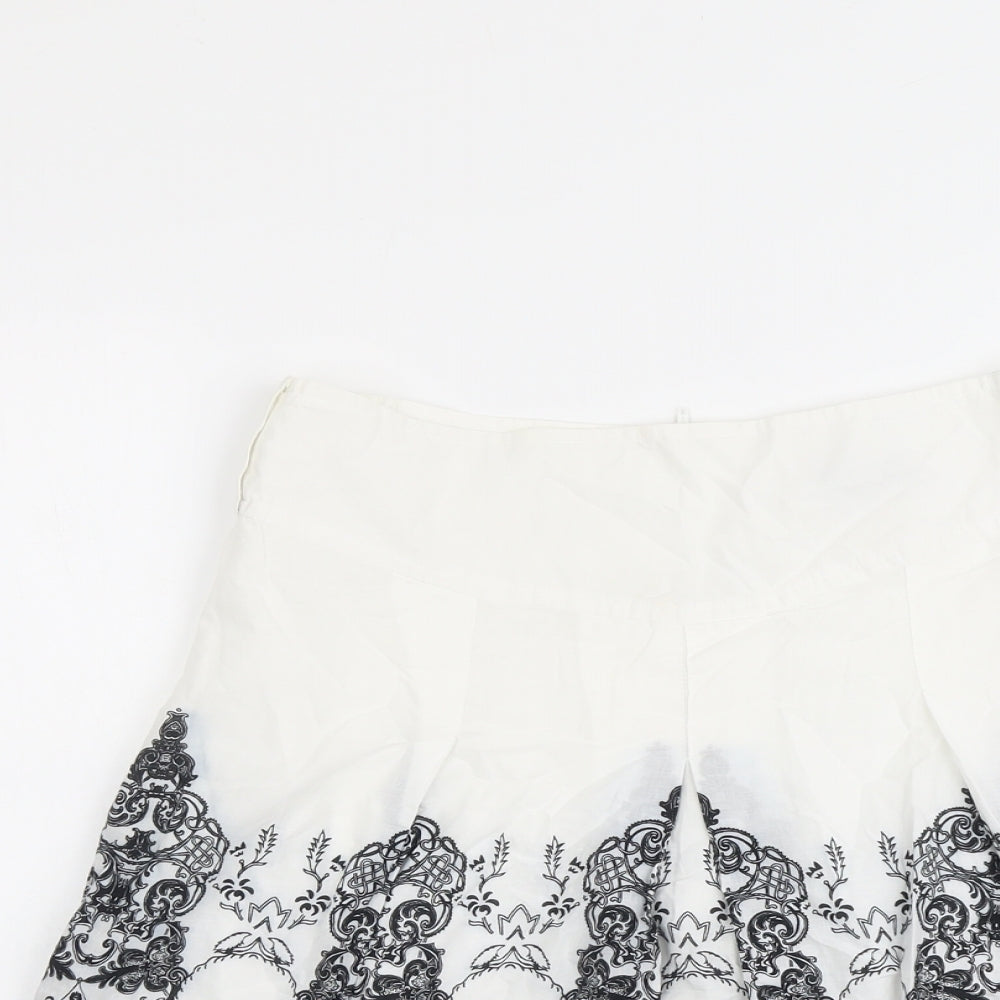 VILA Womens White Geometric Cotton A-Line Skirt Size S Zip