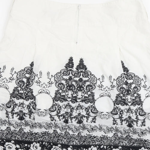 VILA Womens White Geometric Cotton A-Line Skirt Size S Zip