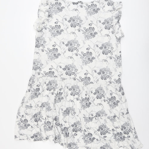 NEXT Womens White Floral Linen A-Line Size 18 V-Neck Pullover