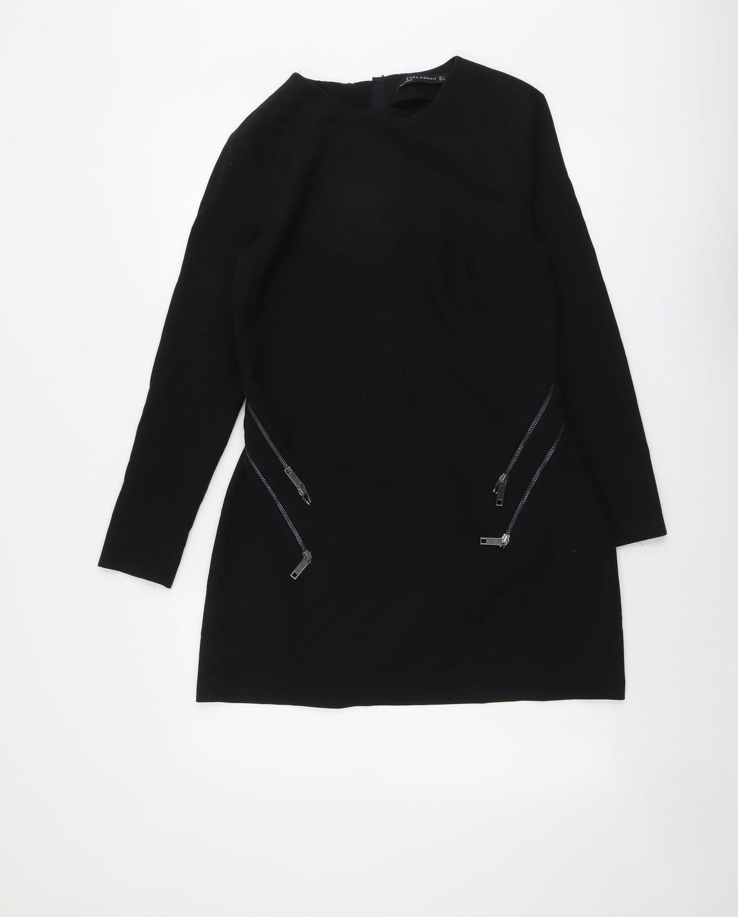 Zara Womens Black Polyester A-Line Size L Round Neck Zip