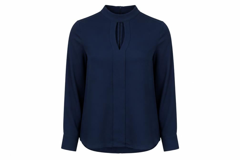 Front view of White House Black Market women’s blue polyester basic blouse, size UK 14, mock neck