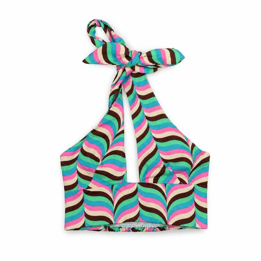 Front view of Zara women’s multicoloured geometric polyester cropped tank, size S, halter - shirred back