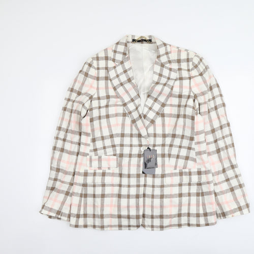 DAKS Womens Beige Plaid Linen Jacket Blazer Size 16
