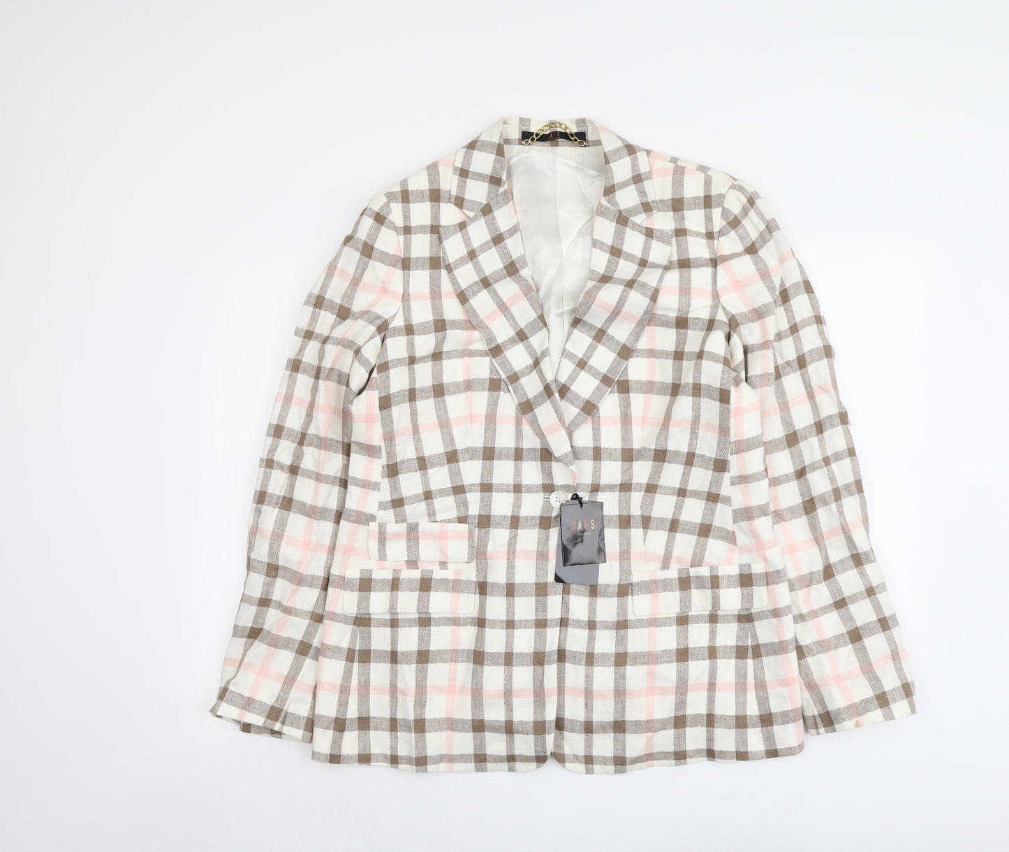 DAKS Womens Beige Plaid Linen Jacket Blazer Size 16
