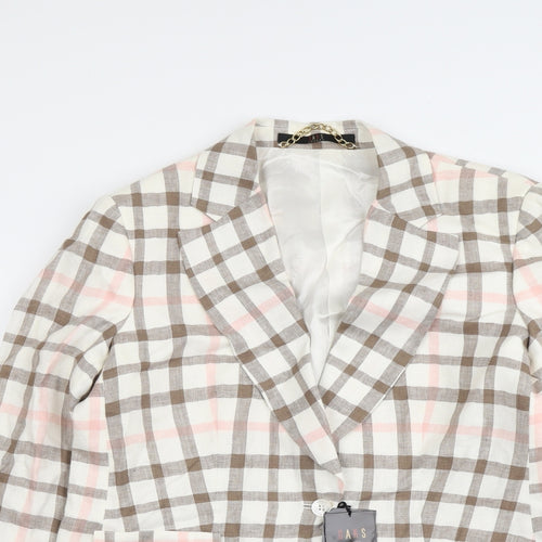 DAKS Womens Beige Plaid Linen Jacket Blazer Size 16