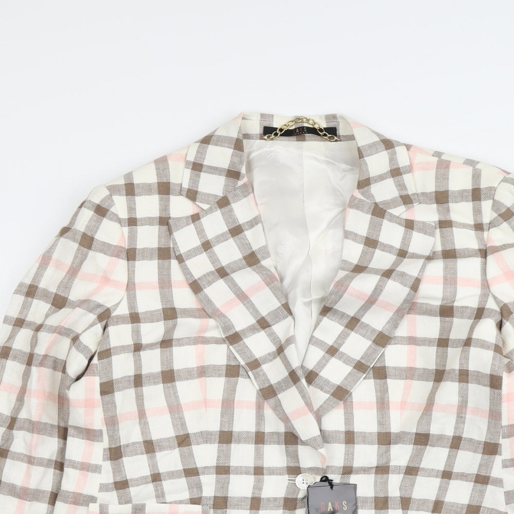 DAKS Womens Beige Plaid Linen Jacket Blazer Size 16