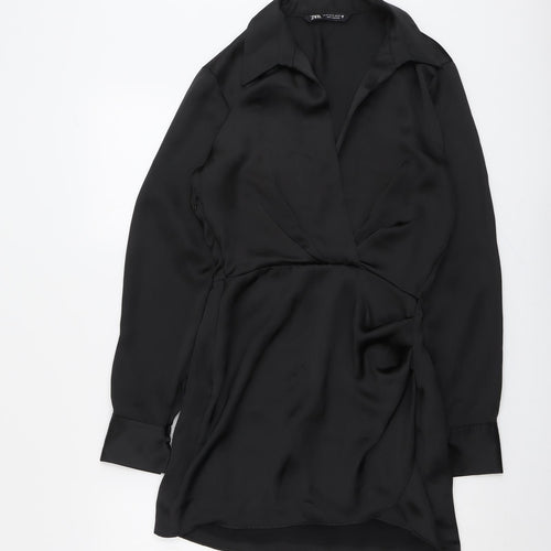 Zara Womens Black Polyester A-Line Size XS Collared Zip