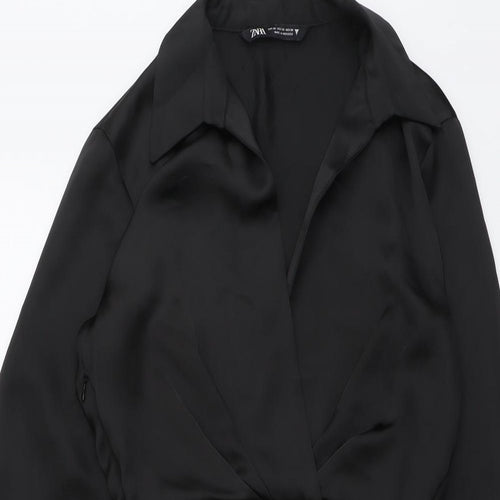 Zara Womens Black Polyester A-Line Size XS Collared Zip