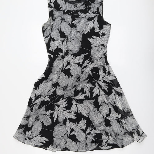 Wallis Womens Black Floral Polyester Fit & Flare Size 8 Round Neck Zip