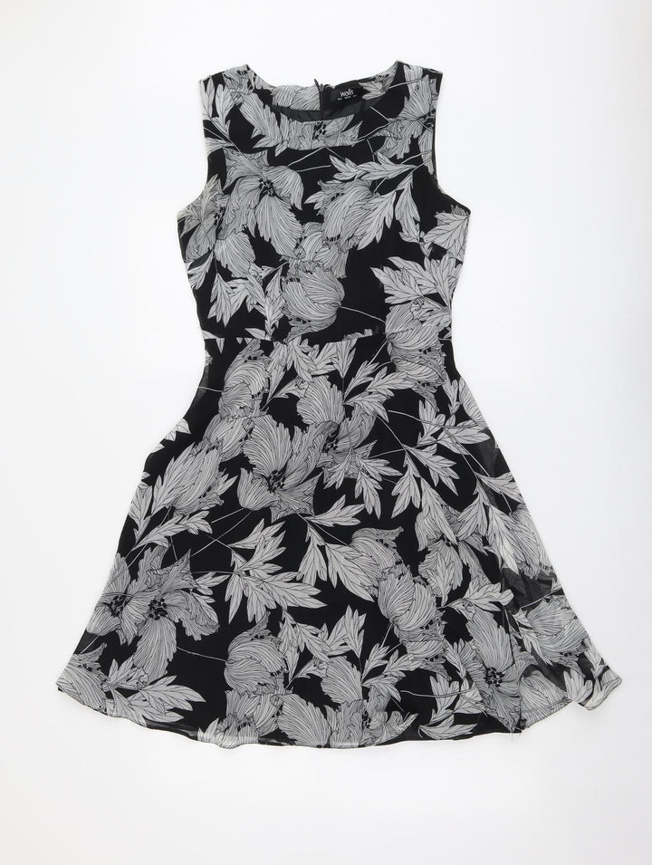 Wallis Womens Black Floral Polyester Fit & Flare Size 8 Round Neck Zip