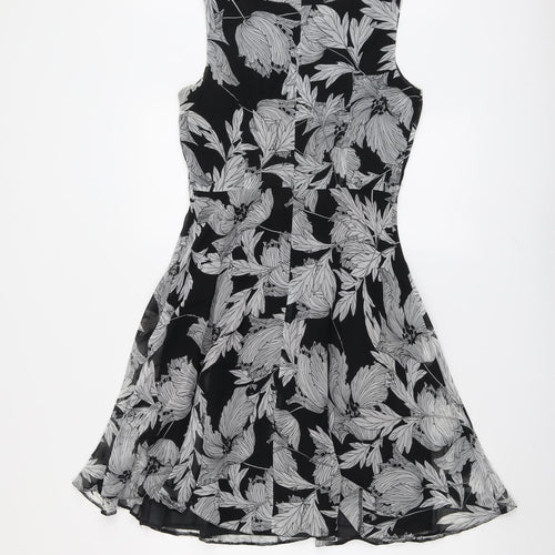 Wallis Womens Black Floral Polyester Fit & Flare Size 8 Round Neck Zip