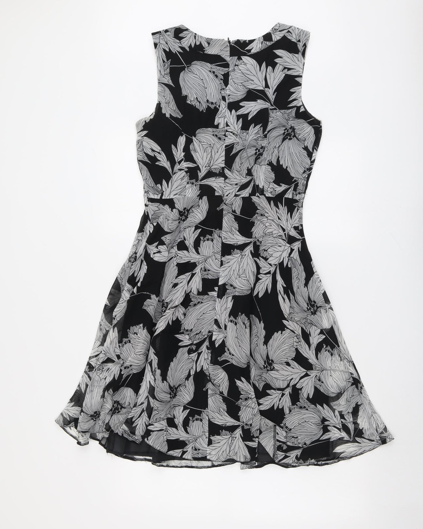 Wallis Womens Black Floral Polyester Fit & Flare Size 8 Round Neck Zip