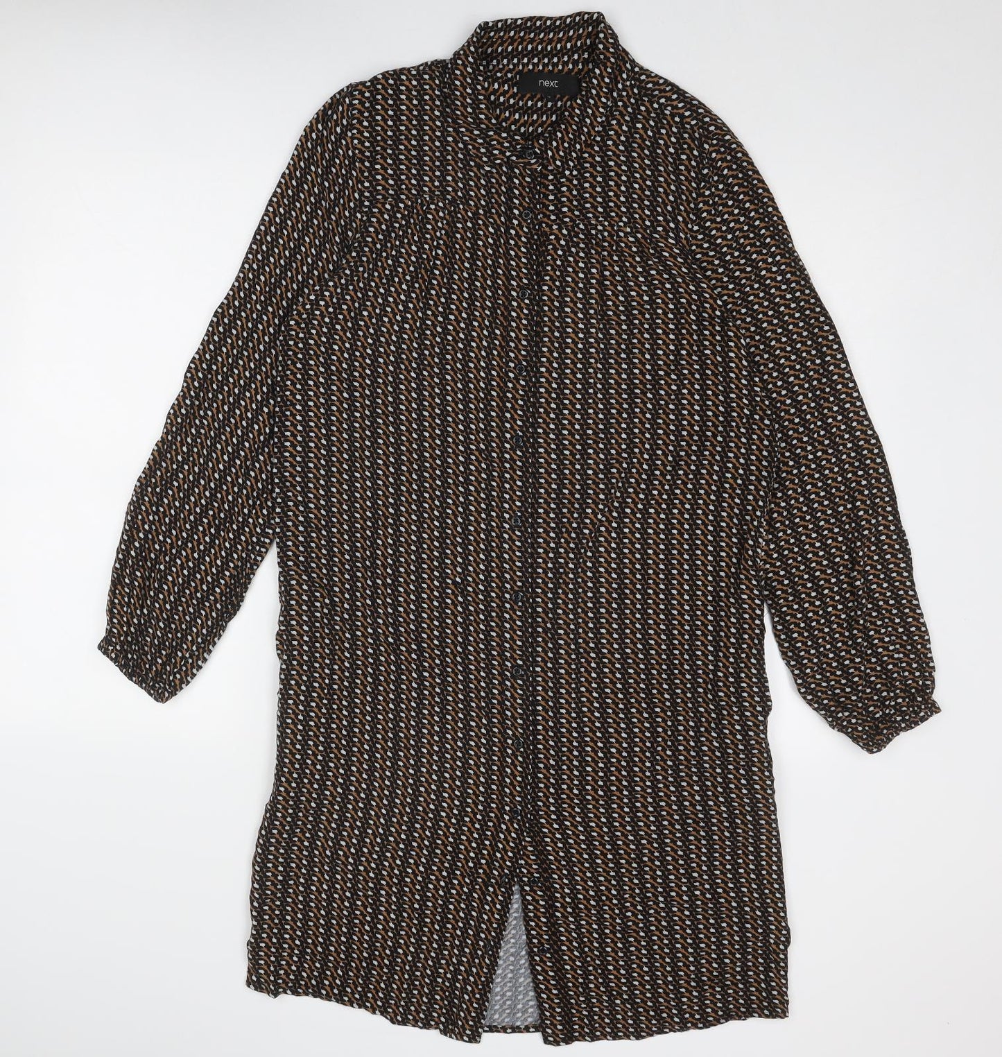 NEXT Womens Black Geometric Viscose Shirt Dress Size 12 Collared Button