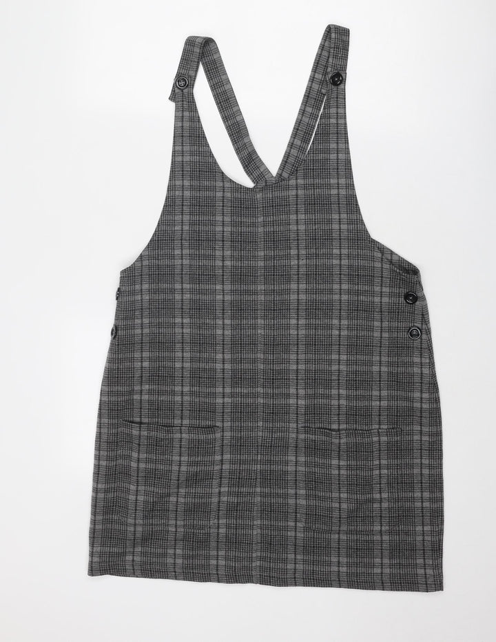 Multiblu Womens Grey Geometric Polyester Pinafore/Dungaree Dress Size 14 Round Neck Button