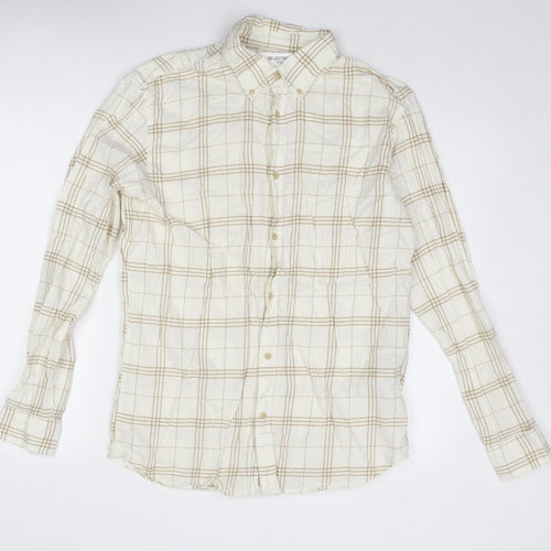 Selected Homme Mens Ivory Geometric Cotton Button-Up Size 16.5 Collared Button