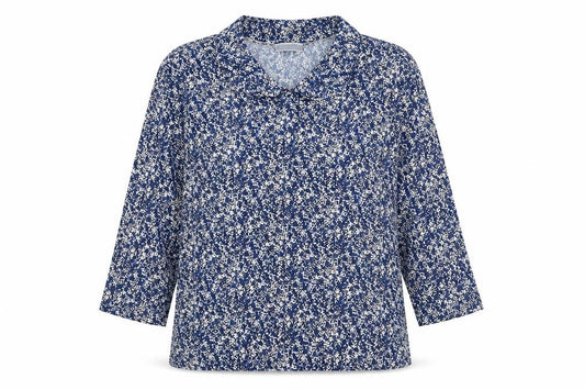 Front view of Cotswold Collections women’s blue geometric polyester basic blouse, size L, collared
