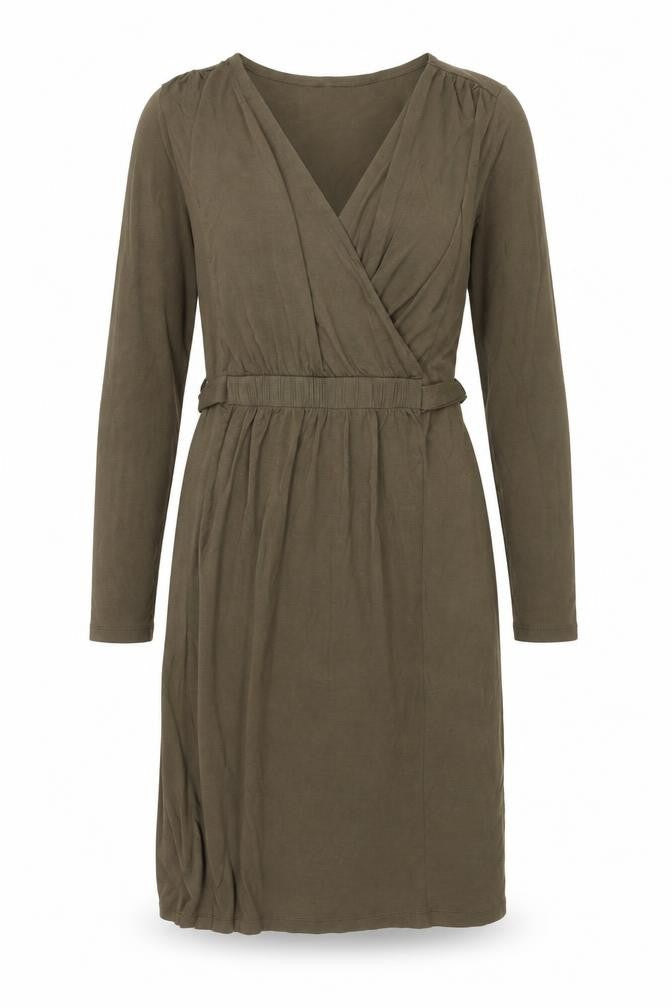 Front view of Lazy Lu women’s green viscose shift, size UK 10, v-neck pullover