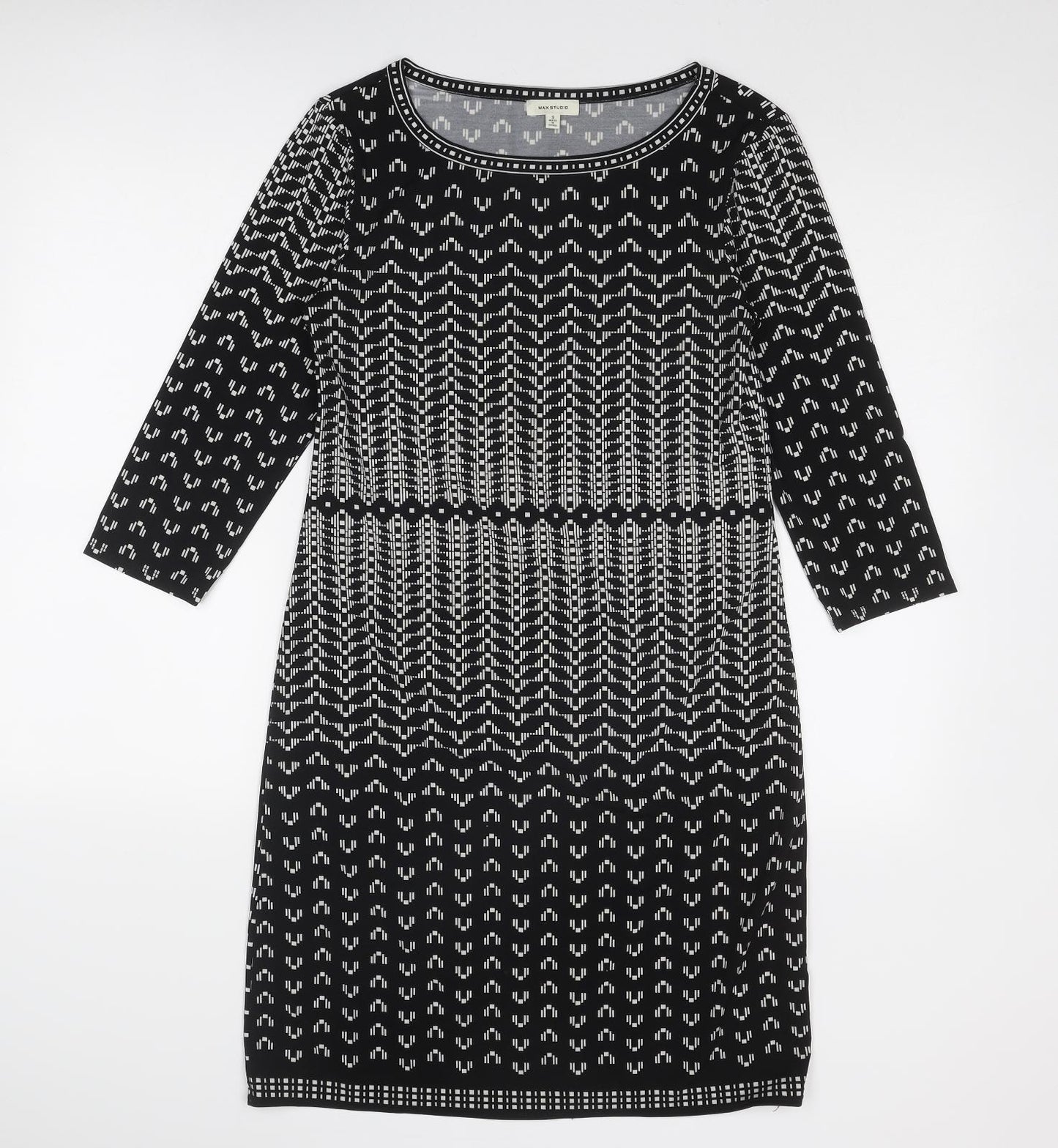 Max Studio Womens Black Geometric Polyester Shift Size S Round Neck Pullover