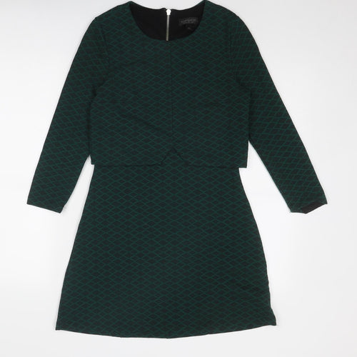 Topshop Womens Green Geometric Polyester A-Line Size 8 Round Neck Zip