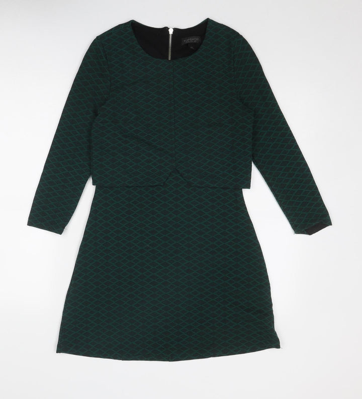 Topshop Womens Green Geometric Polyester A-Line Size 8 Round Neck Zip