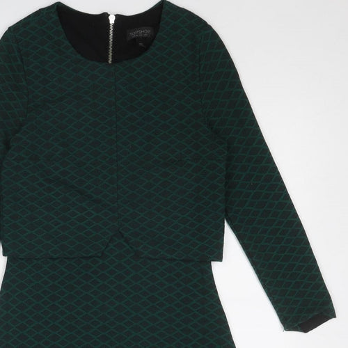 Topshop Womens Green Geometric Polyester A-Line Size 8 Round Neck Zip