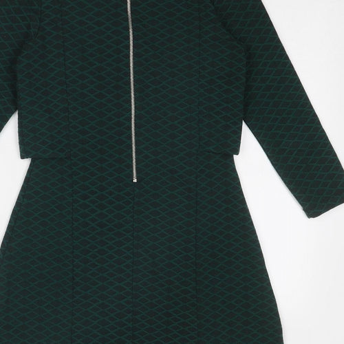 Topshop Womens Green Geometric Polyester A-Line Size 8 Round Neck Zip
