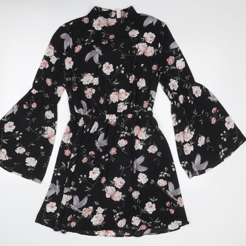 H&M Womens Black Floral Polyester A-Line Size 10 Round Neck Button