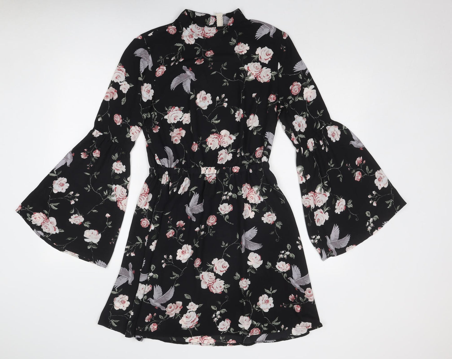H&M Womens Black Floral Polyester A-Line Size 10 Round Neck Button