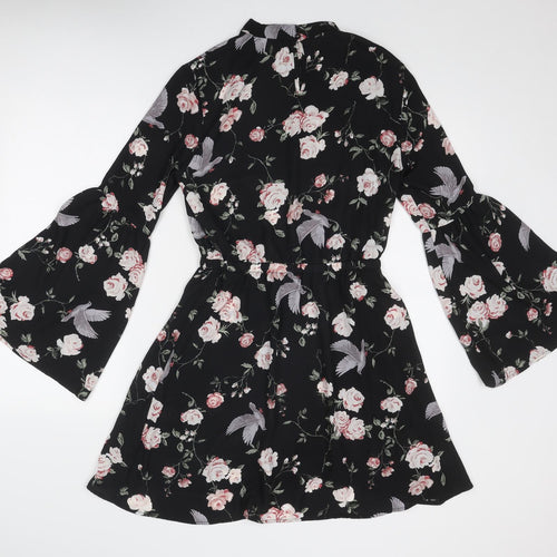 H&M Womens Black Floral Polyester A-Line Size 10 Round Neck Button